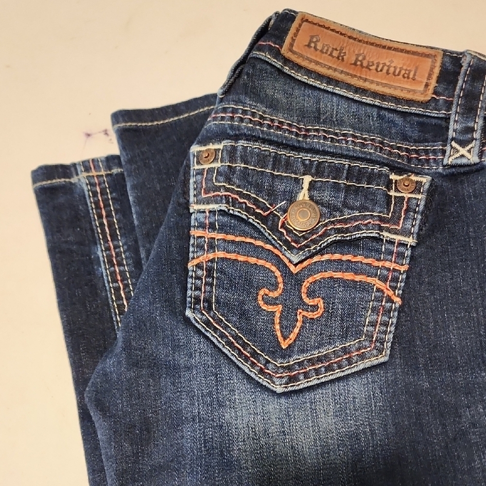 Rock Revival Dark Blue Jeans with Orange Stitching